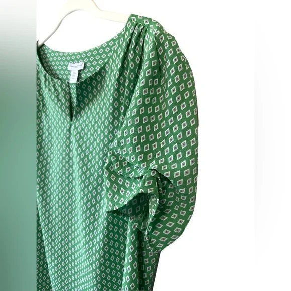 Carolina Belle Green White Blouse Side Ruched Puff Sleeves Top - Medium - Picture 3 of 5